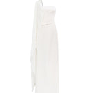 Elegant white chiffon asymmetric cape sleeve gown by Tracy Studio, flowing fabric with stylish cape sleeves.