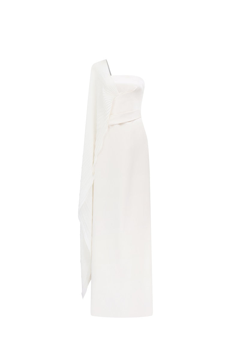 White chiffon asymmetric cape sleeve maxi dress by Tracy Studio displayed on a model, featuring flowing fabric and elegant design.
