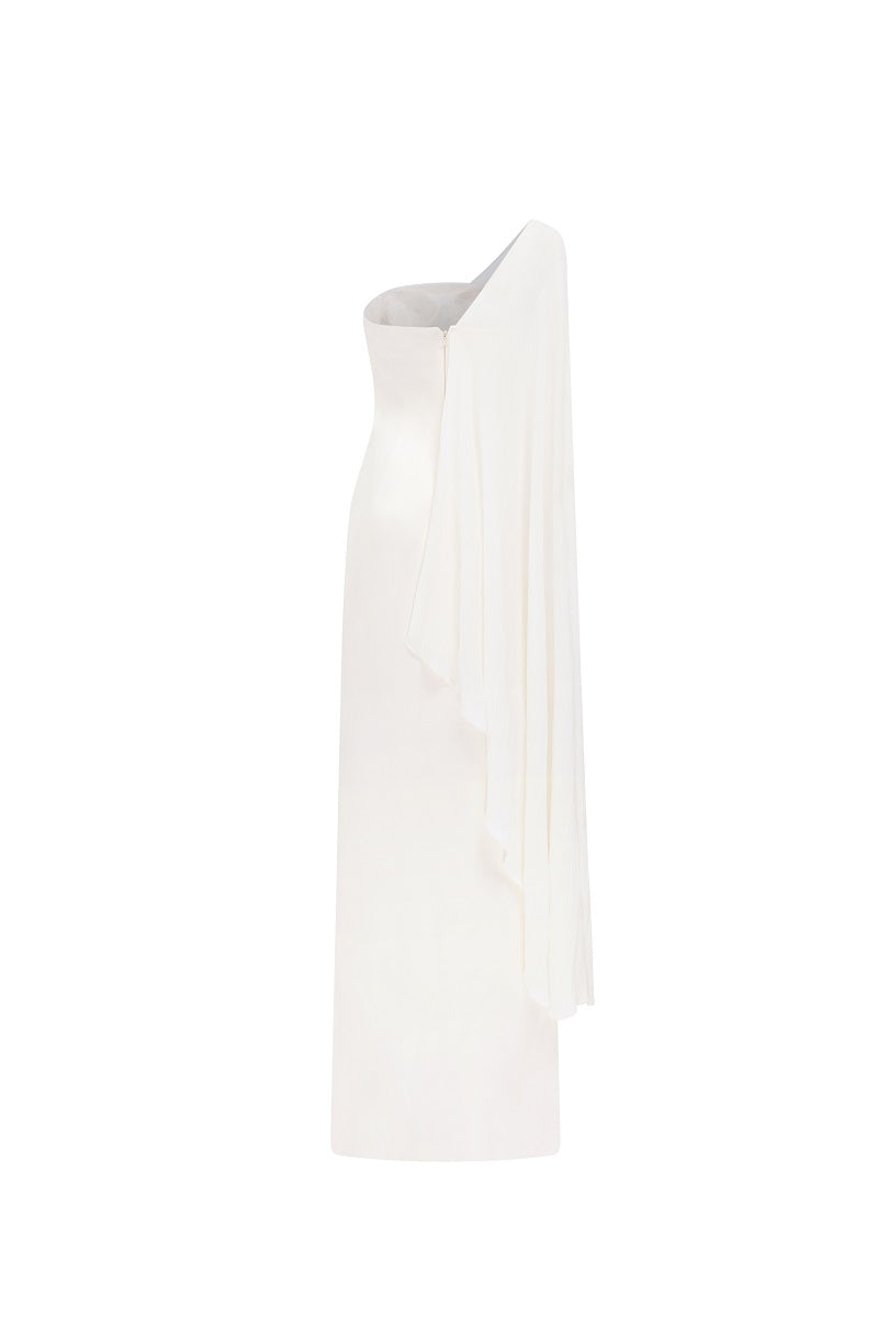 White chiffon asymmetric cape sleeve maxi dress by Tracy Studio, flowing fabric with elegant drape and stylish cape detail.