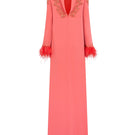 Velvet satin floor-length gown by Tracy Studio in vibrant orange with elegant draping and a sleek silhouette.