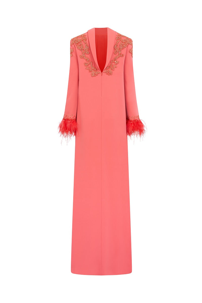 Orange velvet satin floor-length maxi dress by Tracy Studio featuring a flowing silhouette and elegant design.