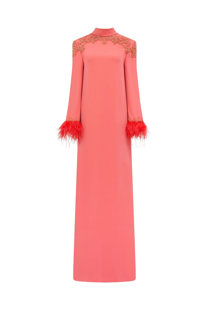 Velvet satin floor-length maxi dress by Tracy Studio in vibrant orange with flowing fabric and elegant design.