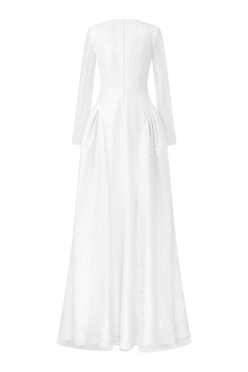 White beading lace high neck maxi dress from Tracy Studio featuring intricate lace details and a flowing silhouette.
