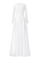 White beading lace high neck gown by Tracy Studio, featuring intricate 3D lace details and elegant high neckline.