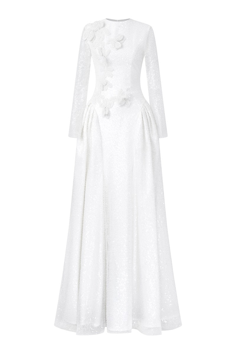 White beading lace high neck maxi dress by Tracy Studio featuring intricate lace details and a flowing silhouette.