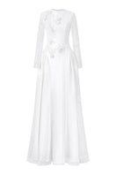 White beading lace high neck gown by Tracy Studio featuring intricate 3D embroidery and elegant long sleeves.