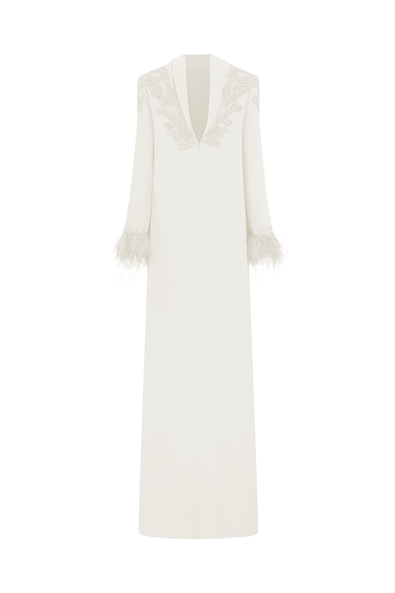 Velvet satin floor-length maxi dress by Tracy Studio featuring a flowing design and elegant drape in white fabric.