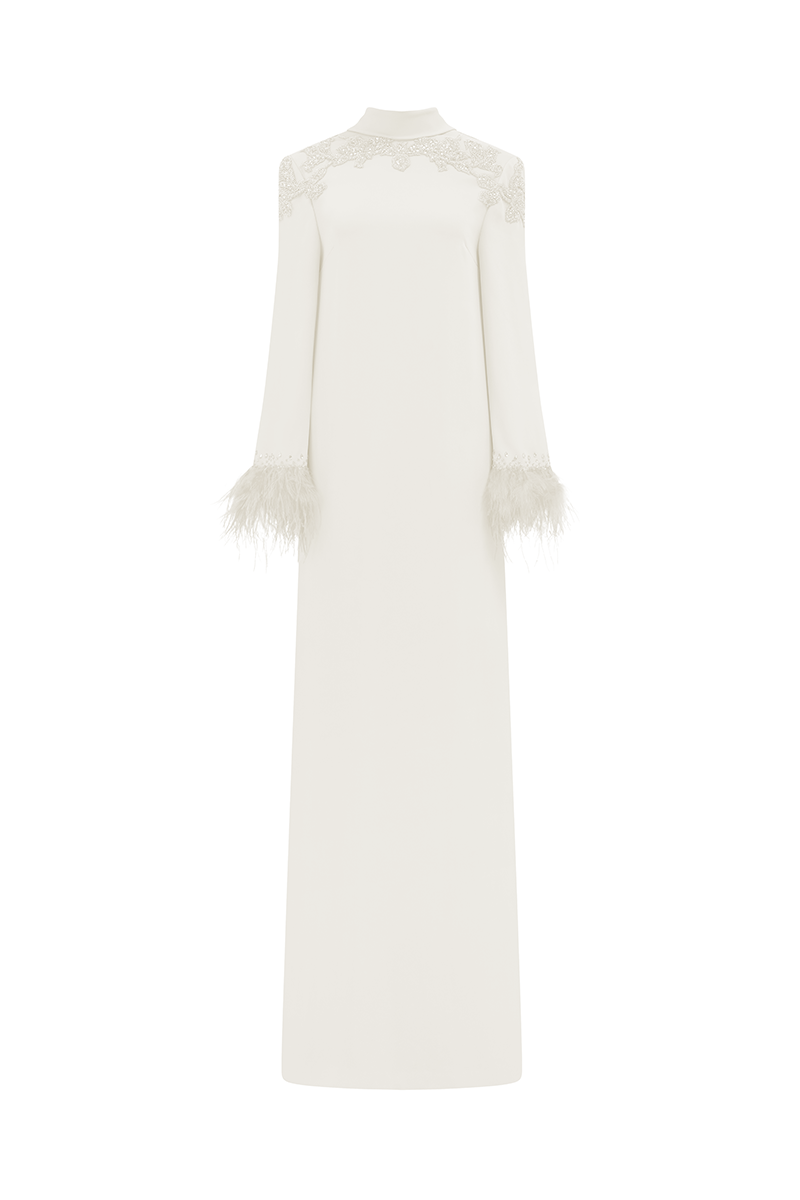 Tracy Studio velvet satin floor-length maxi dress in white, featuring a flowing silhouette and elegant design.