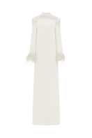 Elegant white velvet satin floor length gown by Tracy Studio, featuring a flowing design and luxurious fabric.