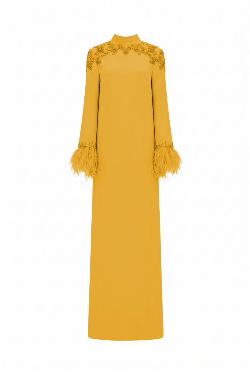 Yellow velvet satin maxi dress by Tracy Studio featuring a floor-length design and elegant flowing fabric.