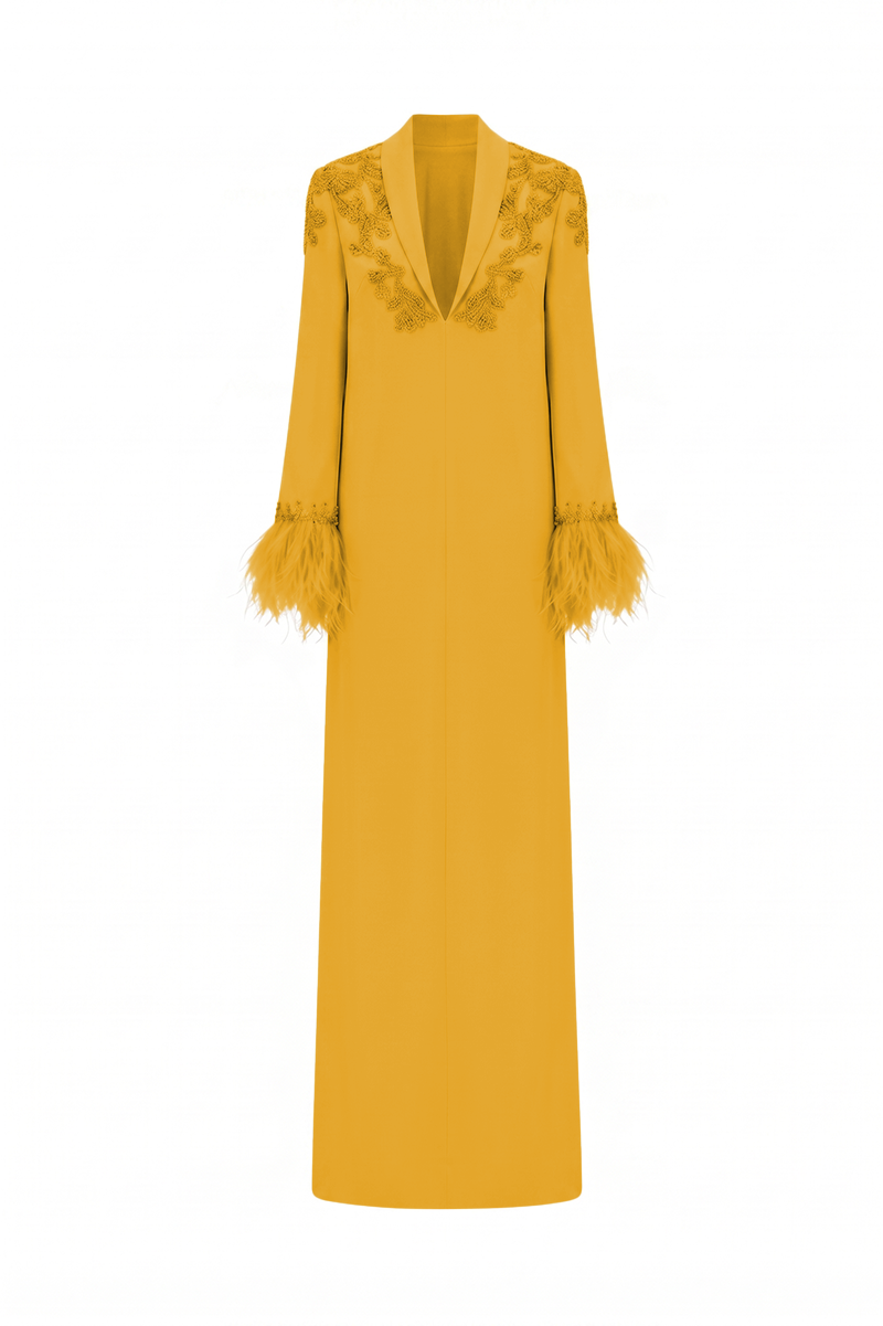 Yellow velvet satin maxi dress by Tracy Studio featuring a floor-length design and elegant, flowing fabric.
