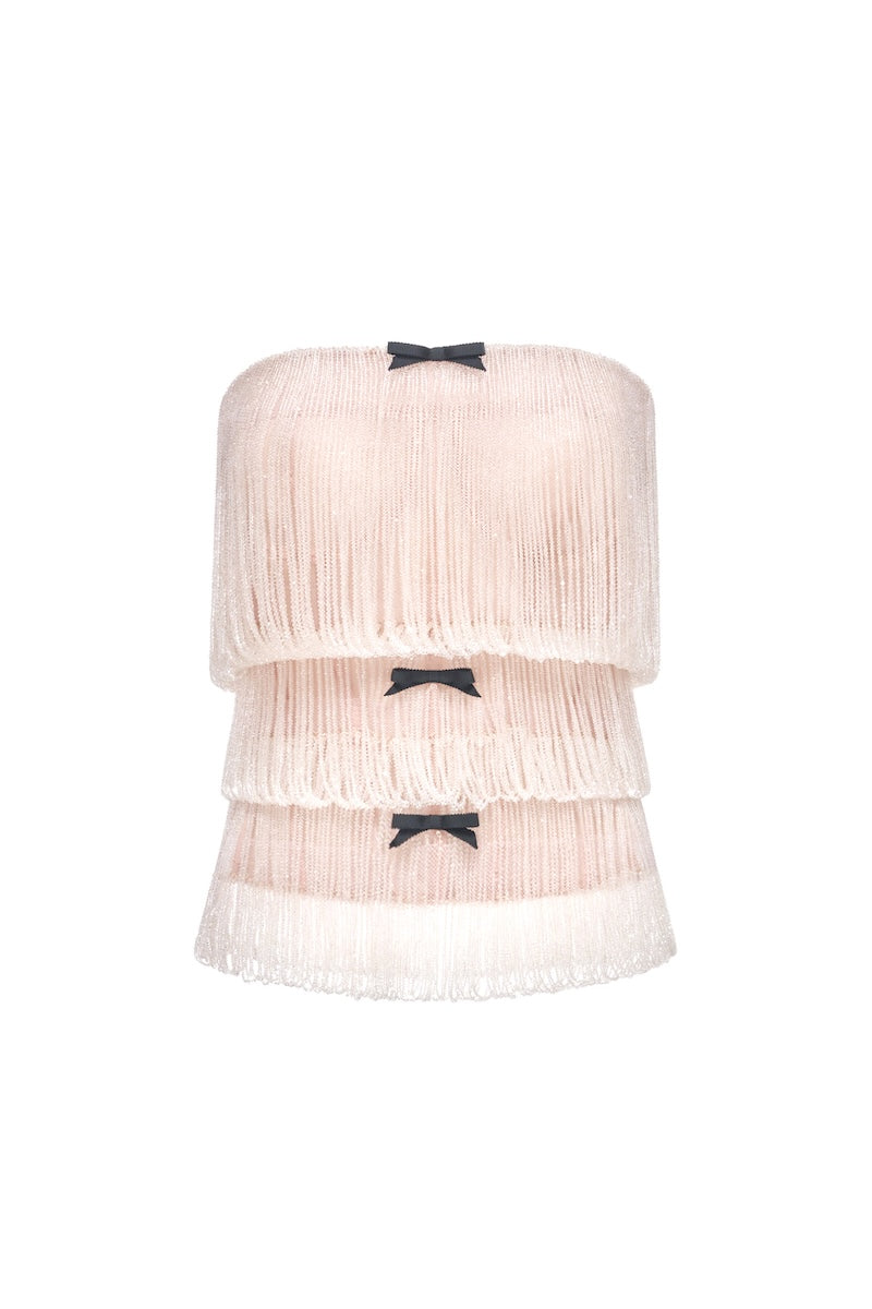 White crystal fringe tube top by Montsand featuring a fitted design with shimmering crystal embellishments and a sleek sleeveless style.