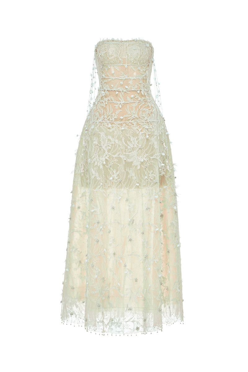 Montsand mint floral string maxi dress displayed on a hanger, featuring a flowing gown with floral patterns and adjustable straps.
