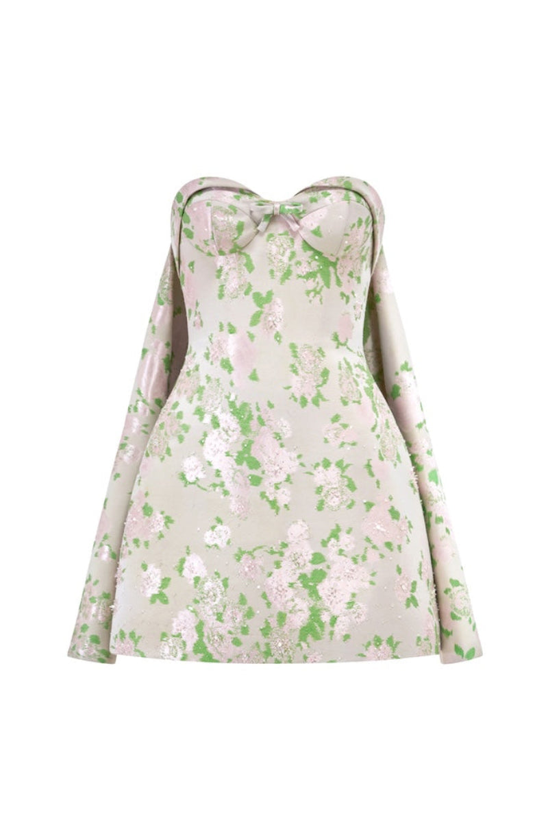 Montsand pastel corsetry mini dress with detachable cape, featuring a fitted bodice and stylish design, perfect for elegant occasions.