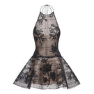 Black floral appliqué halter mini dress by Montsand, featuring a fitted silhouette and intricate floral detailing.