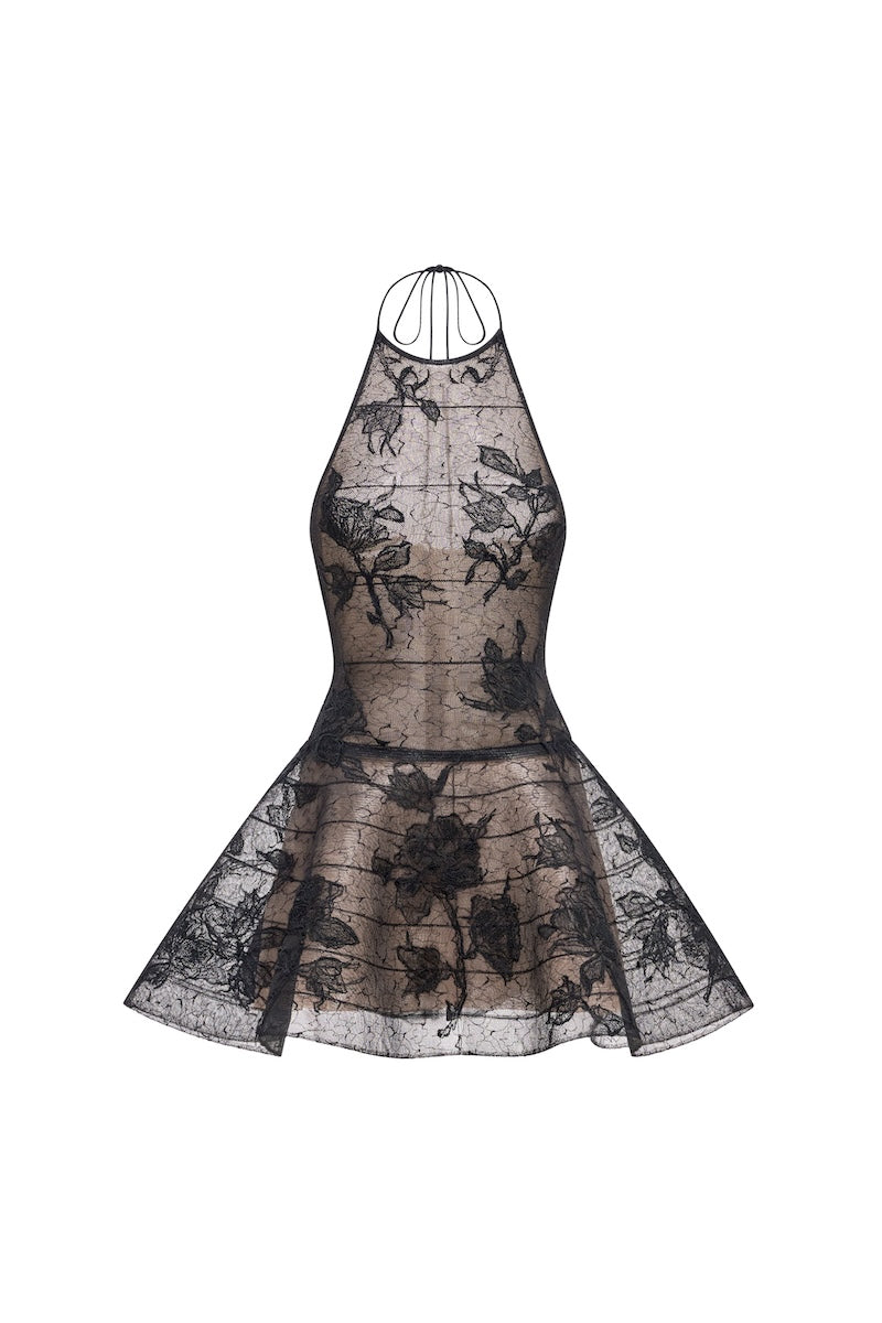 Black floral appliqué halter mini dress by Montsand, featuring a fitted silhouette and intricate floral detailing.