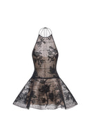 Black floral appliqué halter mini dress by Montsand, featuring a fitted silhouette and intricate floral detailing.