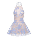 Blue floral appliqué halter mini dress by Montsand featuring a fitted bodice and floral embroidery, perfect for summer occasions.