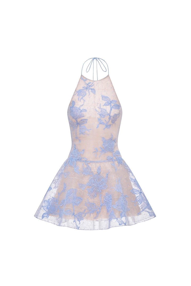 Blue floral appliqué halter mini dress by Montsand featuring a fitted bodice and floral embroidery, perfect for summer occasions.