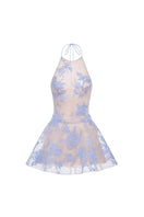 Blue floral appliqué halter mini dress by Montsand featuring a fitted bodice and floral embroidery, perfect for summer occasions.