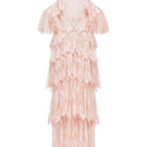 Peach ruffled halter gown by Montsand with flowing fabric and elegant design, perfect for formal occasions.