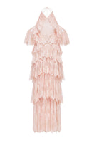 Peach ruffled halter gown by Montsand with flowing fabric and elegant design, perfect for formal occasions.