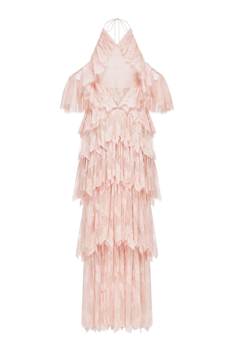 Peach ruffled halter gown by Montsand with flowing fabric and elegant design, perfect for formal occasions.