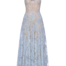 Blue straight-neckline pleat gown by Montsand, featuring elegant pleats and a sleek silhouette, suitable for formal occasions.
