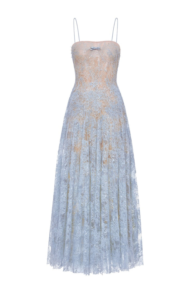 Blue straight-neckline pleat gown by Montsand, featuring elegant pleats and a sleek silhouette, suitable for formal occasions.