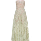 Mint green straight neckline pleated gown by Montsand, featuring elegant design and flowing fabric.