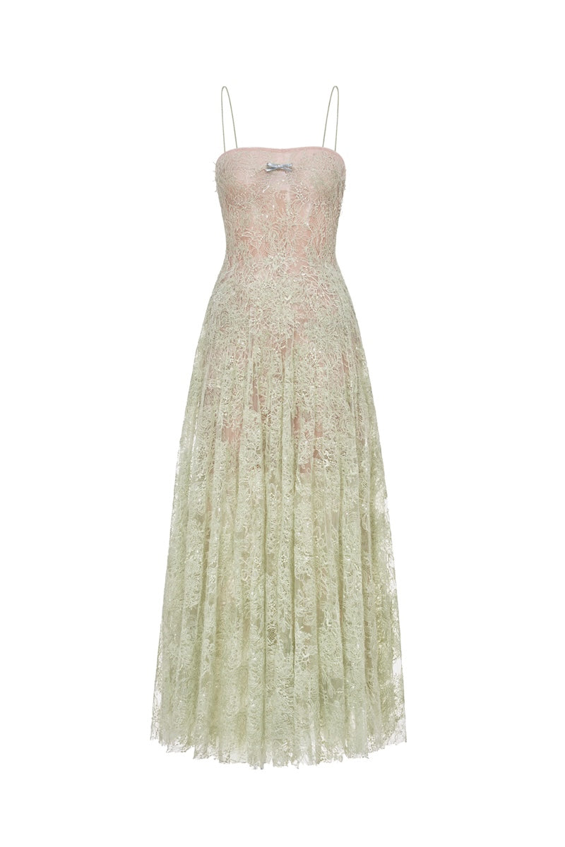 Mint green straight neckline pleated gown by Montsand, featuring elegant design and flowing fabric.