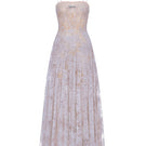 Montsand violet straight neckline pleat gown featuring elegant draped fabric and a fitted silhouette on a model.