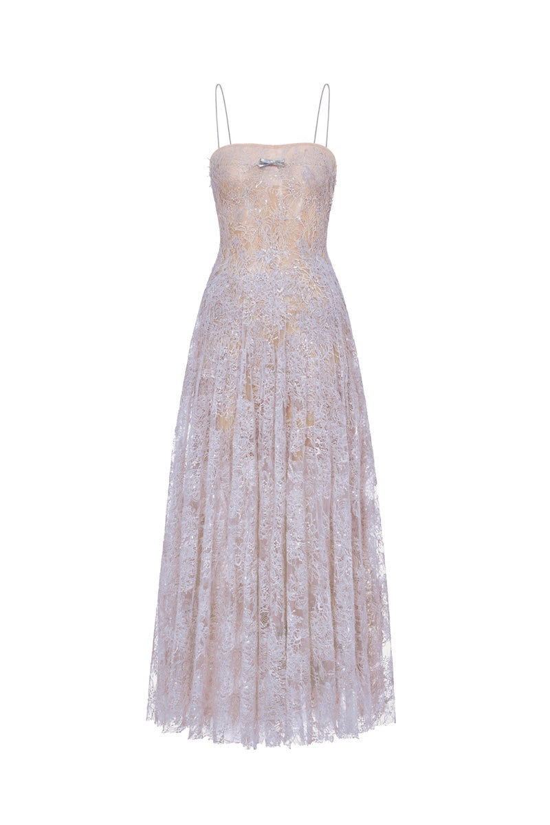 Montsand violet straight neckline pleat gown featuring elegant draped fabric and a fitted silhouette on a model.