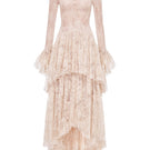 Montsand peach lace mullet gown featuring a fitted bodice and flowing layered skirt with intricate lace details.