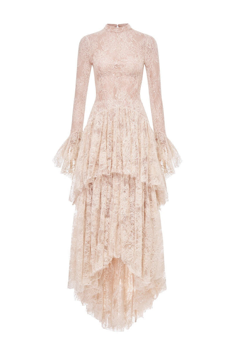 Montsand peach lace mullet gown featuring a fitted bodice and flowing layered skirt with intricate lace details.