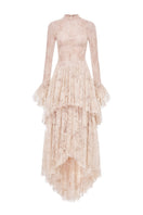 Montsand peach lace mullet gown featuring a fitted bodice and flowing layered skirt with intricate lace details.