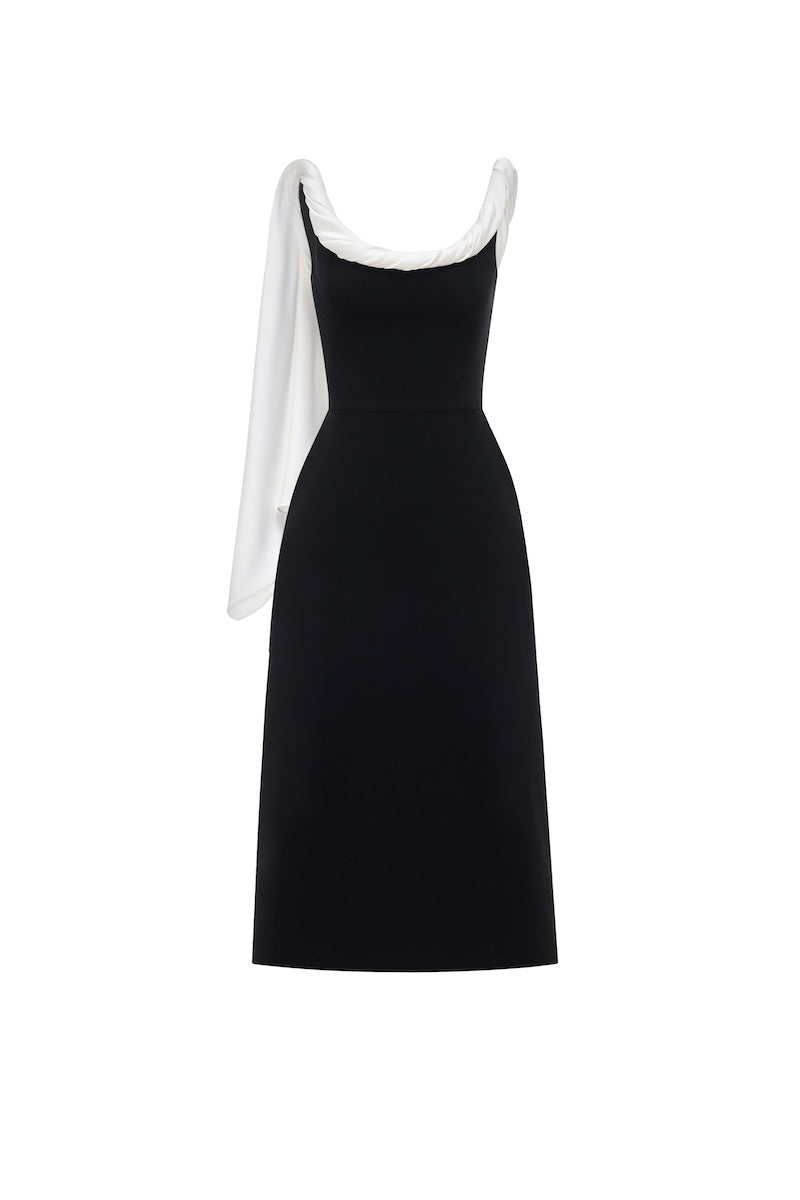 Black Montsand midi dress with a low back and stylish scarf detail, perfect for elegant occasions.