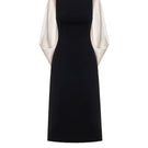 Black scarf mock neck midi dress by Montsand featuring a sleek, fitted silhouette and elegant design.
