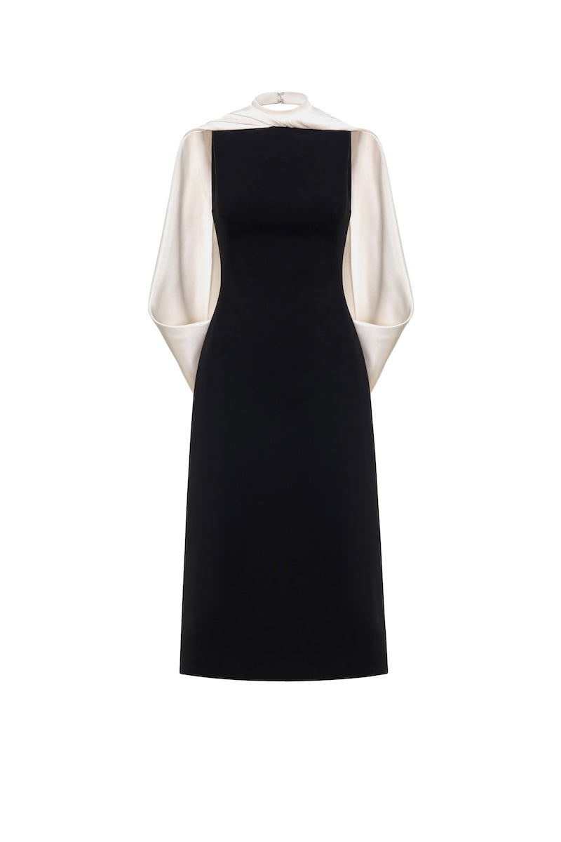Black scarf mock neck midi dress by Montsand featuring a sleek, fitted silhouette and elegant design.