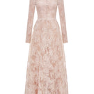 Montsand peach lace button-front gown with elegant lace details and a flowing silhouette, perfect for formal occasions.