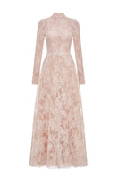 Montsand peach lace button-front gown with elegant lace details and a flowing silhouette, perfect for formal occasions.