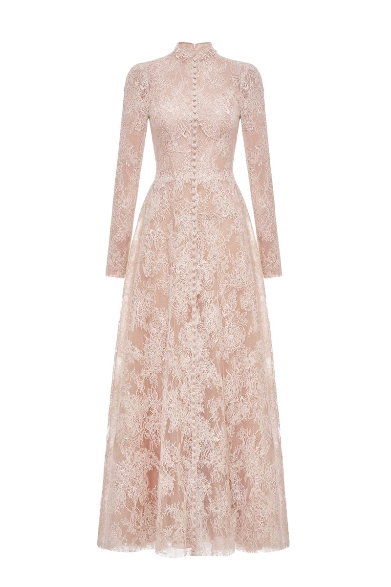 Montsand peach lace button-front gown with elegant lace details and a flowing silhouette, perfect for formal occasions.