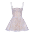 Montsand violet straight neckline skater mini dress, sleeveless design with fitted bodice and flared skirt.