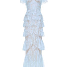 Blue lace ruffle strap-off gown by Montsand, elegant floor-length dress with intricate lace detailing and ruffled neckline.