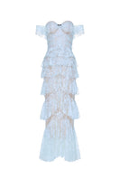 Blue lace ruffle strap-off gown by Montsand, elegant floor-length dress with intricate lace detailing and ruffled neckline.