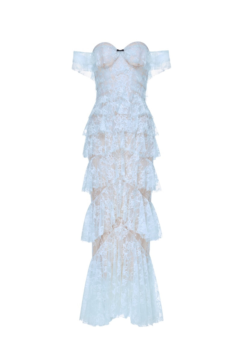 Blue lace ruffle strap-off gown by Montsand, elegant floor-length dress with intricate lace detailing and ruffled neckline.