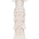 Elegant ivory lace ruffle strap-off gown by Montsand featuring delicate lace details and flowing silhouette.