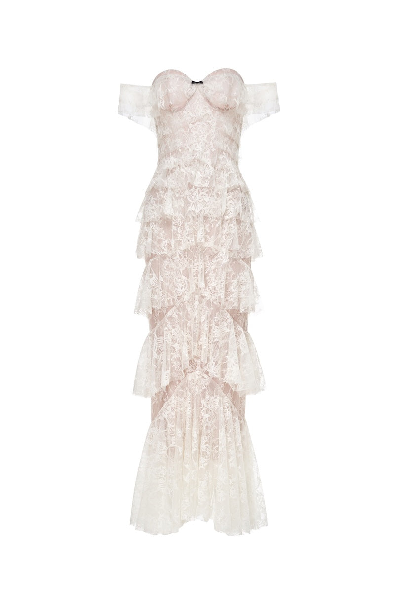 Elegant ivory lace ruffle strap-off gown by Montsand featuring delicate lace details and flowing silhouette.