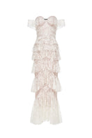Elegant ivory lace ruffle strap-off gown by Montsand featuring delicate lace details and flowing silhouette.