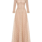 Elegant gold leaf button-front gown by Montsand, featuring a flowing fabric and intricate button details.